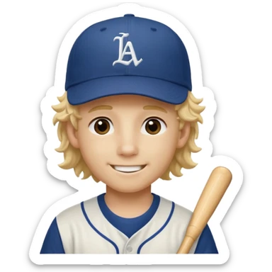 blonde boy with long curly hair past his hears and a LA baseball hat in japanese, smiling sticker