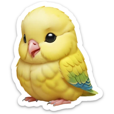 Meme-Worthy Cute Sleeping Yellow Budgie Portrait Emoji, Head resting peacefully with a contented smile, showcasing a petite, delicate build and a luxuriously soft yellow feathered fur, eyes shut in a serene nap, Simplified yet hilariously adorable features, highly detailed, glowing with a soft, drowsy light, high shine, relaxed and utterly lovable, stylized with an air of playful laziness, bright and heartwarming, soft glowing outline, capturing the essence of a comically sleepy budgie, so meme-worthy it feels like it could instantly become the next viral sensation of adorable slumber! sticker