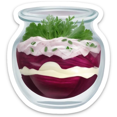Shuba russian Layered Beet dish  with Herring and mayonnaise in Crystal bowl, dill on top  sticker