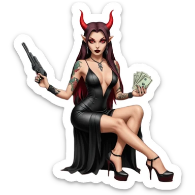 Lilith model red eye sexy black  devil horns.  long brown haired sexy succubus woman with leather long dress slit, sitting in limo. Wearing Black Platform high heels on feet. Tattoo sleeve arms, she has stacks of cash and a man dead human skull is on top of stack of cash and a gun in  hand sticker