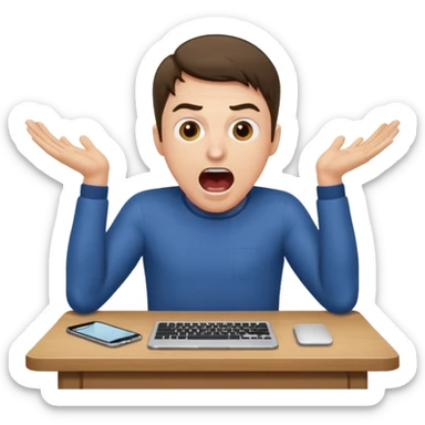 man at table, mouth open shouting, leaning in, hands on table, working sticker