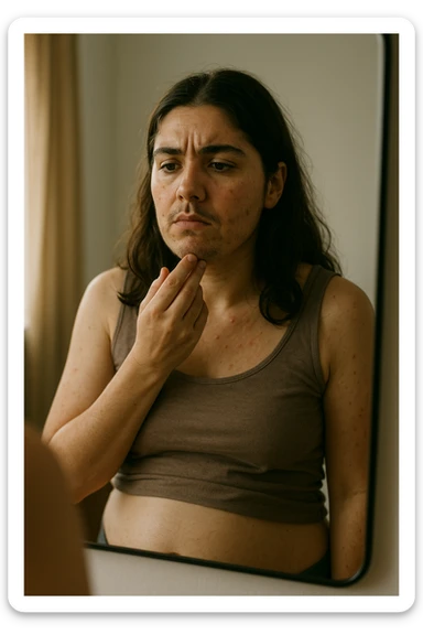 A realistic, cinematic portrait of a young woman in her late 20s standing in front of a mirror, visibly concerned while touching her chin and jawline where small dark facial hairs are noticeable, indicating hirsutism. Her skin appears oily, with a few cystic acne spots on her cheeks and jaw, and her dark hair is slightly greasy, indicating increased sebum production due to androgen excess. Her body shows mild abdominal bloating, and she looks at herself with a mix of frustration and sadness, capturing the emotional struggle linked to PCOS. The scene is set in a softly lit bedroom or bathroom with neutral daylight, with a clear mirror reflection to emphasize self-observation and discomfort. Style: realistic 35mm cinematic look, soft focus on her face and hair details, warm tones to keep it human and relatable sticker