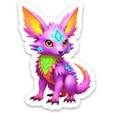 Tropical futuristic lush warm-colored modern colorful neon-colored cyber-Fakémon-Digimon-Trico-creature sticker