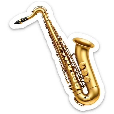 Create a sleek and sophisticated emoji representing the Selmer Super Action 80 Series II saxophone. The design should feature the smooth, golden brass body of the saxophone with its shiny keys and beautiful curves. Highlight the iconic bell of the saxophone and the fine details of the keywork, including the pads and springs. Include the mouthpiece at the top with a reed visible, capturing its essential role in sound production. Use rich gold and brass tones for the instrument with subtle light reflections to enhance its professional appearance. Add musical notes floating around the saxophone to evoke its smooth, jazzy sound. The background should be transparent. sticker