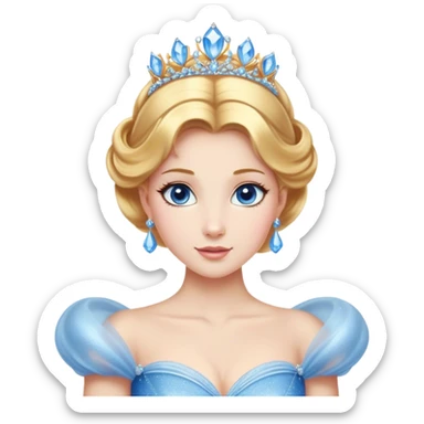 Cinematic Stunning Cinderella Portrait Emoji, Radiant in her sparkling blue ball gown, golden hair in a perfect updo, soft blue eyes full of wonder, glistening tiara, glowing with an ethereal beauty, regal yet kind, a dreamlike aura surrounds her, capturing the essence of a fairy tale princess, elegant and breathtaking! sticker