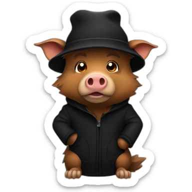 Bored brown boar in a black winter hat and black jacket sticker