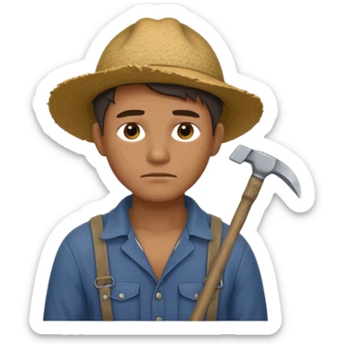 Emoji portrait of a male agricultural slave. He has a tired expression and wears rough clothes, holding a hoe over his shoulder. sticker