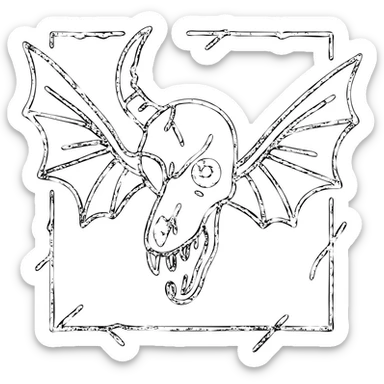 deeply disturbing minimal red horror line art of grotesque minotaur-stoat hybrid skull with aggressively fractured horn and demonic eye, unnatural twisted moth wings, mostly empty middle with nightmarish thin outline frame, intensely unsettling with sparse but horrifying details, frame jagged and broken in threatening manner, pure horror, 100% red sticker