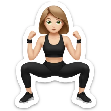 Beautiful woman with light brown shoulder length hair popping a squat without any weights. Make her with a little lighter, brown hair and green eyes. Make her fair skinned and wearing a black workout suit. sticker