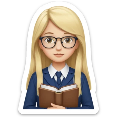 Girl student wearing uniform, glasses, hold book in front of their chest, blonde long straight hair, white skin sticker