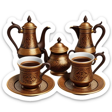 Turkish Coffee Set – Cinematic Realistic Turkish Coffee Set, depicted as an elegantly arranged ensemble of ornate coffee cups and a traditional cezve pot, adorned with intricate patterns and rich, warm colors, rendered with detailed textures and soft ambient lighting that captures its cultural heritage. sticker