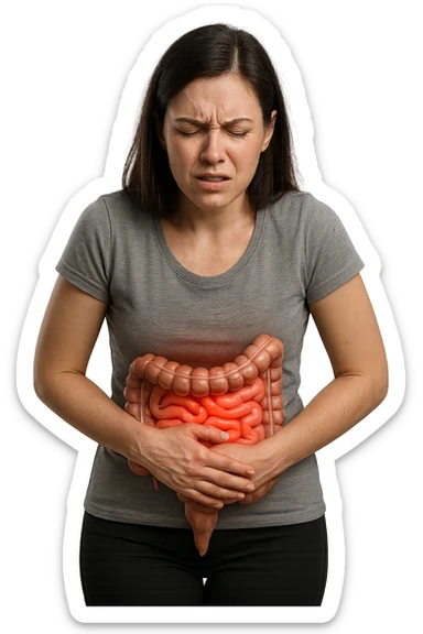 DONNA CON INTESTINO ANATOMICO REALISTICO IN EVIDENZA E MAL DI PANCIA, IPERREALISTICO 4K sticker