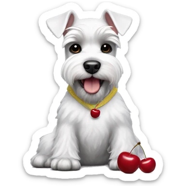 White fun mini schnauzer in pants with cherries sticker