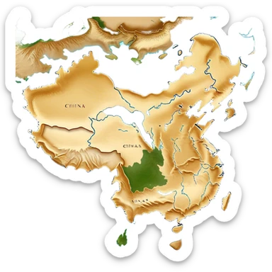 Cinematic-realistic outline of china, featuring its distinct landmass with accurately defined coastlines. The deep blue ocean surrounds the golden-brown continent, with subtle topographic shading to highlight its terrain. A soft glowing effect enhances the edges, making the shape stand out against a neutral, textured background. sticker