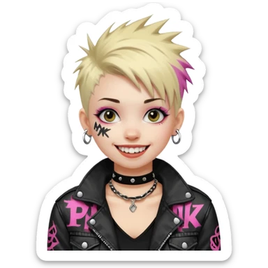 a punk girl with short dyed hair and wear a punk graffiti jacket with black choker grin playfully  sticker