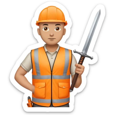 Bald Telecoms engineer in orange hi vis with sword sticker