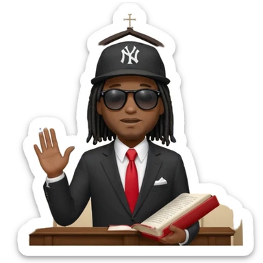 African American man with shoulder length black dreadlocks wearing black sunglasses wearing a New York Yankees logo baseball cap wearing a black suit with white shirt and red tie with a Bible in right hand with left hand raise out standing behind a church pulpit sticker