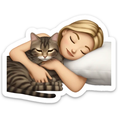 White girl dark blonde hair sleeping with dark brown tabby kitty sticker