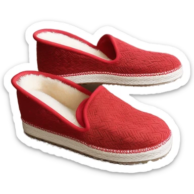 Camel colored low cut slip-on slippers. Very thin red woven zig-zag trim on the cuff. a red small heel pull tab, and a thick platform sole. UGG” sticker