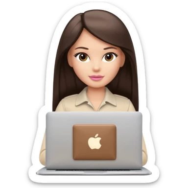 Barbie girl with a long straight dark brown hair inside a pale beige clothes working MacBook  sticker