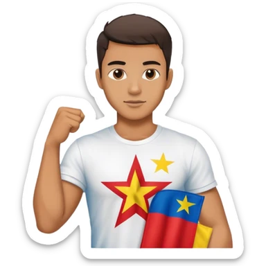 cool guy in white tshirt blue jeans holding Vietnam flag sticker