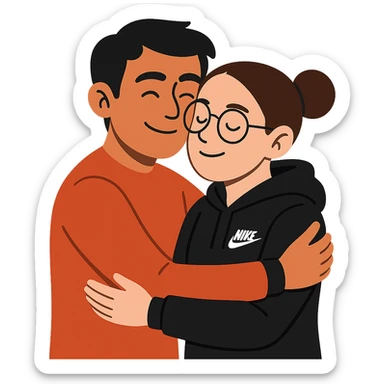 flat toon style hispanic man with black hair hugging a light-skinned woman in a black Nike hoodie, woman has one bun in the back and thin black glasses sticker