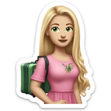 Realistic White girl with Long straight blonde hair and green eyes, tattoos, full body wearing pink dress, holding pink luggage sticker