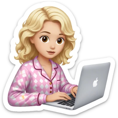 Blonde model with brown eyes, wavy hair, pajamas, typing on MacBook  sticker