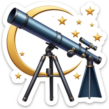 An icon featuring a telescope, stars, and a planet, symbolizing astronomy. The design includes a crescent moon, distant galaxies, and constellations, representing the study of space and celestial bodies. Transparent background highlights the exploration of the universe and cosmic phenomena. sticker
