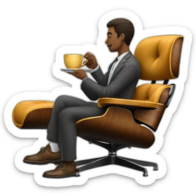 A person drinking coffee while sitting on an eames lounge chair  sticker
