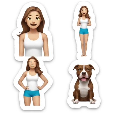 white woman with long brown hair expressing joy dressed in a yoga outfit alongside a pitbull dog sticker