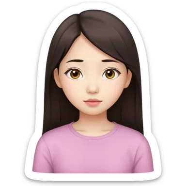 Asian girl, 17 years old, fair skin, oval face, big brown eyes, long straight dark brown hair, soft pink lips, calm expression, wearing a pale yellow top, portrait from head to chest, white background. sticker