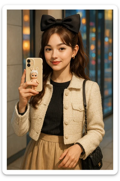realistic depiction of a stylish girl with a big bow, fashionable cute clothes, and a phone case featuring a Sonny Angel toy sticker