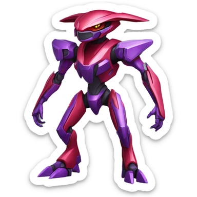 a shiny purple-red Genesect-Raptor-Fakémon—hybrid with a futuristic visor-helmet full body sticker