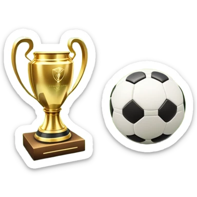 A football resting on the green grass of a soccer field, with goalposts and field markings in the background. In the foreground, the UEFA World Cup trophy gleams, symbolizing the pinnacle of football achievement, adding an element of prestige and competition to the scene. sticker