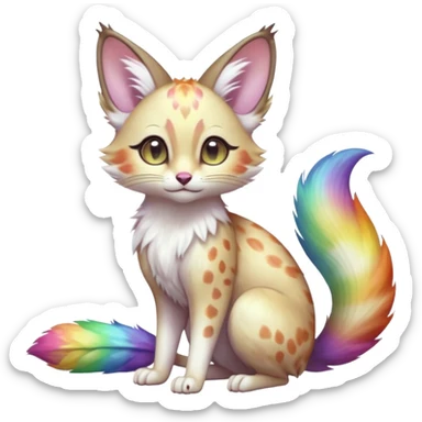Hyper realistic  opal-bloom pearl-white fur blooming with rainbow firefly shimmer beautiful elegant pretty precious cute  Fakémon-Pokémon-opossum-feline-serval-caracal-chinchilla-Furret-Minccino-hybrid-creature with a big fluffy bushy tail (full body) sticker