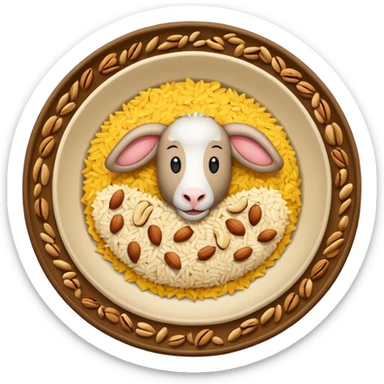 "Emoji of a Jordanian Mansaf dish — round platter with golden rice, lamb pieces, nuts on top, simple cute cartoon style, clean lines, white or transparent background." sticker