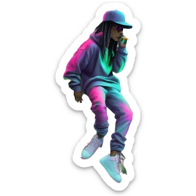 Multicoloured neon person smoking wearing hoodie dancing hip hop bucket hat tropical Skater fashion aesthetic baggy clothes graphic t shirt 420 sticker