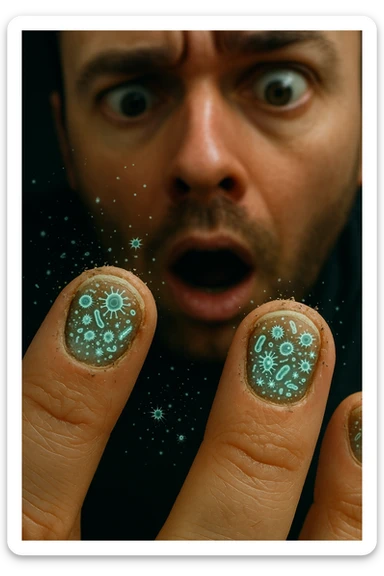 "Close-up macro shot of man's fingernails with transparent overlay showing dense colonies of bacteria, viruses, and parasites thriving in nail beds, millions of pathogens visible as glowing microscopic organisms, expression of shock as he examines his hands under magnification, nail debris containing more germs than toilet water, fingertips becoming mobile germ factories" sticker