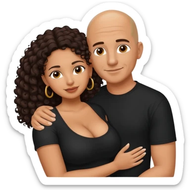 A picture of an embracing tanned couple. the man is a Mexican man with tanned skin, with a bald hair cut, and wearing a black shirt. the woman is mixed, with glasses,  with long curly dark brown hair and with big boobs. Remove the glasses from the guy sticker