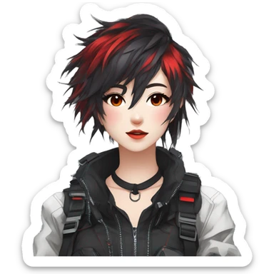 Gorgeous techwear anime style lady with blushing face aesthetic and pretty edgy black red white punk messy hair with collar and harness trending style sticker