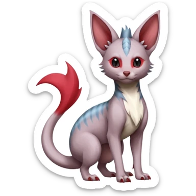 Minccino-Lykoi-Nidoran-Sphynx-Linoone-Zangoose-fusion-hybrid-animal-Fakémon-creature, full body, thin long sleek scaly tail, intricate markings sticker