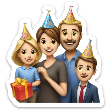 European company of 4 people (mom dad and 2 kids) celebrate birthday in birthday hats sticker