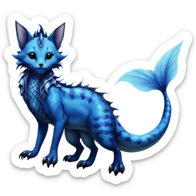 Epic complex abyssal fantasy divine glorious detailed dark dusky gloomy deep gothic gloomy cobalt-blue-abyss-blue-black-greyish, realistic Fakémon-Sprigatito-Floragato-Meowscarada-Vaporeon-Salandit-Trico-Sergal-Serval-Vernid-creature (full body) with mermaid-ears, tail fin, shiny sparkly, abyssal sticker