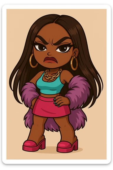 Change her expression to angry, keep her as a 20-year-old anime Bratz style woman with dark skin, dark hair, glamorous evening wear, big expressive eyes, and glossy lips. Maintain the anime Bratz style and the original look except for the angry expression. sticker
