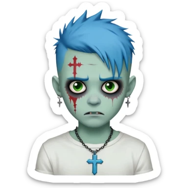 zombie boy with spiky emo blue hair and white shirt , tattos, a risk on the eyebrow, earings,  a necklace with a cross, green skin emoji  sticker
