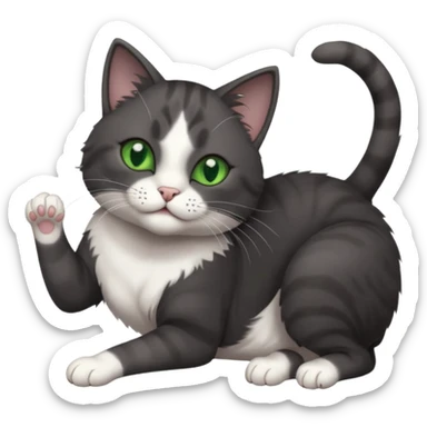 beautiful female solid dark grey cat with green eyes, white toes/paws and white patch on her chest rolling upside down sticker
