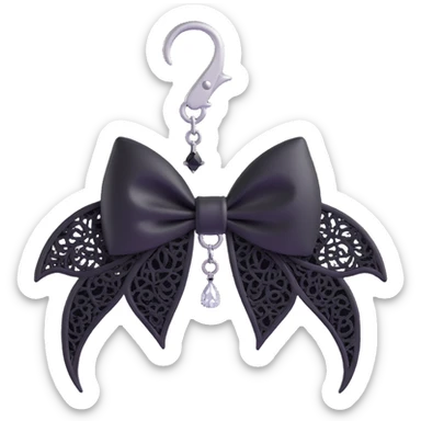3D emoji gothic bow, white leather, silver bat charm, black lace overlay, single black teardrop gem sticker