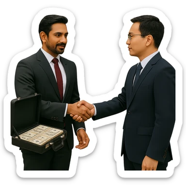 Remove the background so the scene is on a transparent background. The scene depicts a business deal with a light-skinned Indian man with a goatee and a Chinese man shaking hands. The Indian man offers a briefcase of money, and an AMG car is parked behind him. sticker