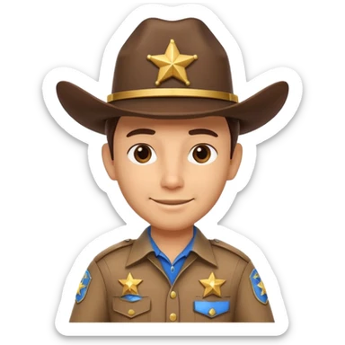 cute sheriff cowboy portrait, head and shoulders only, cowboy hat, sheriff badge on chest, confident smile, western uniform collar, 3D cartoon, mobile game icon style, clean background, no text, no watermark
 sticker